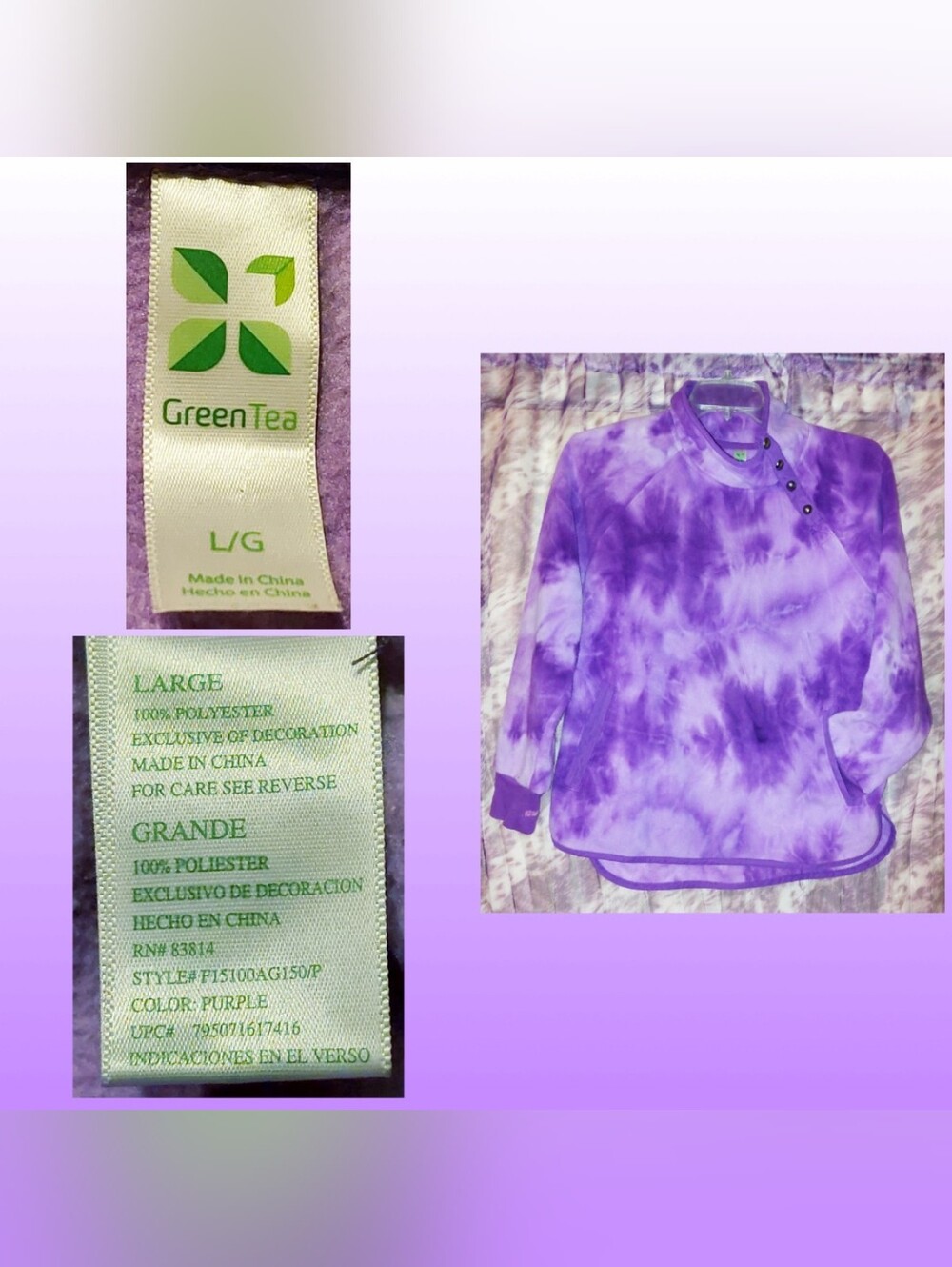 GreenTea brand Purple Tie Dye Print Soft Fleece Knit Pullover Sz Large
